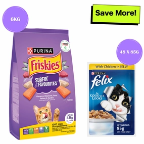 Friskies Surfin Cat Dry Food and Purina Felix Chicken with Jelly Adult Cat Wet Food Combo