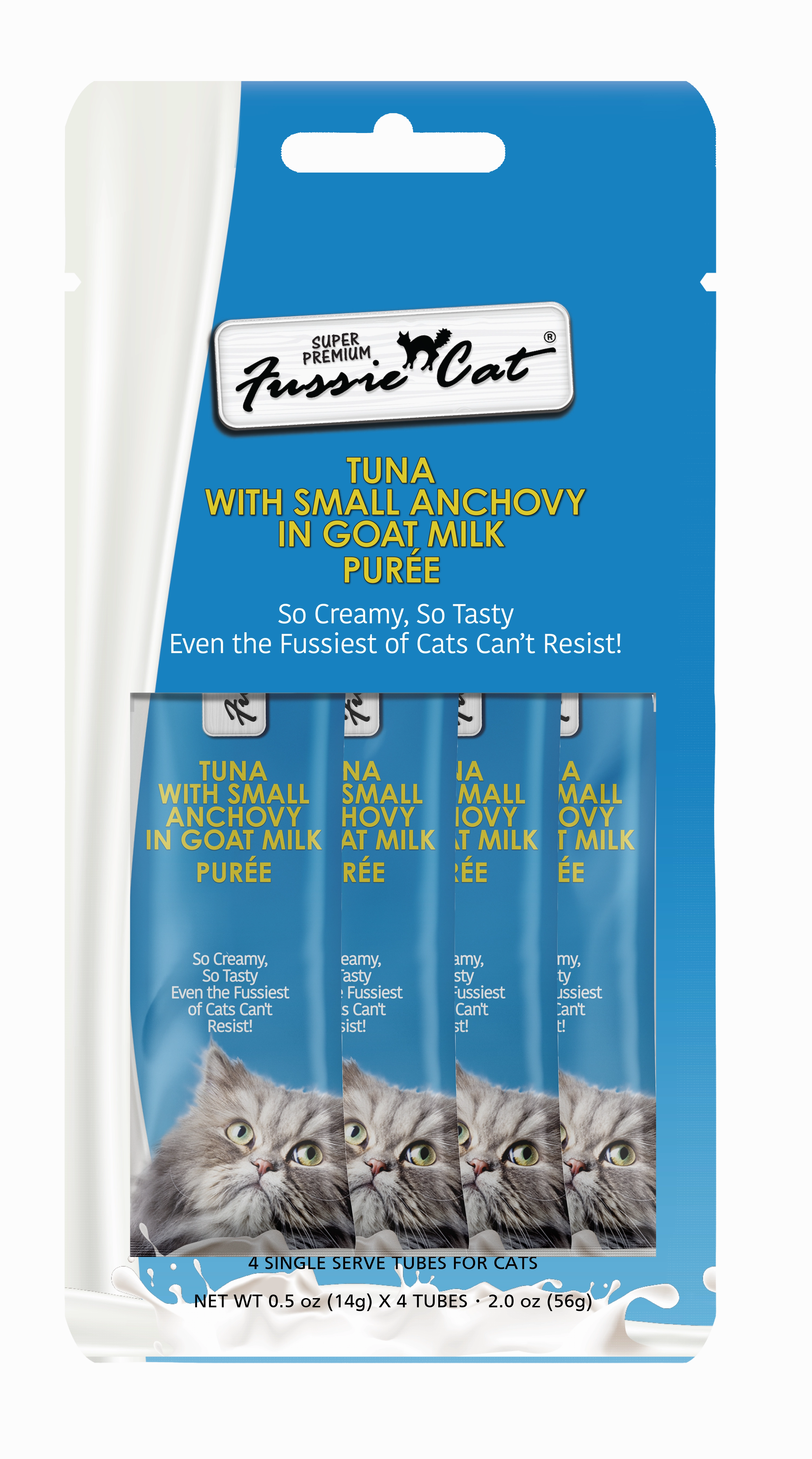Fussie Cat Goat Milk Pure - Tuna with Small Anchovies 4pk 2oz Bag