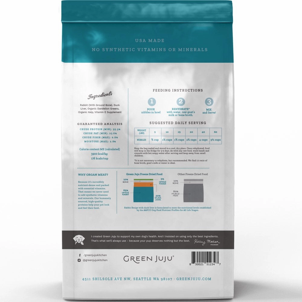 Green Juju Rabbit Recipe With Duck Liver Grain-Free Freeze-Dried Raw Dog Food 14oz