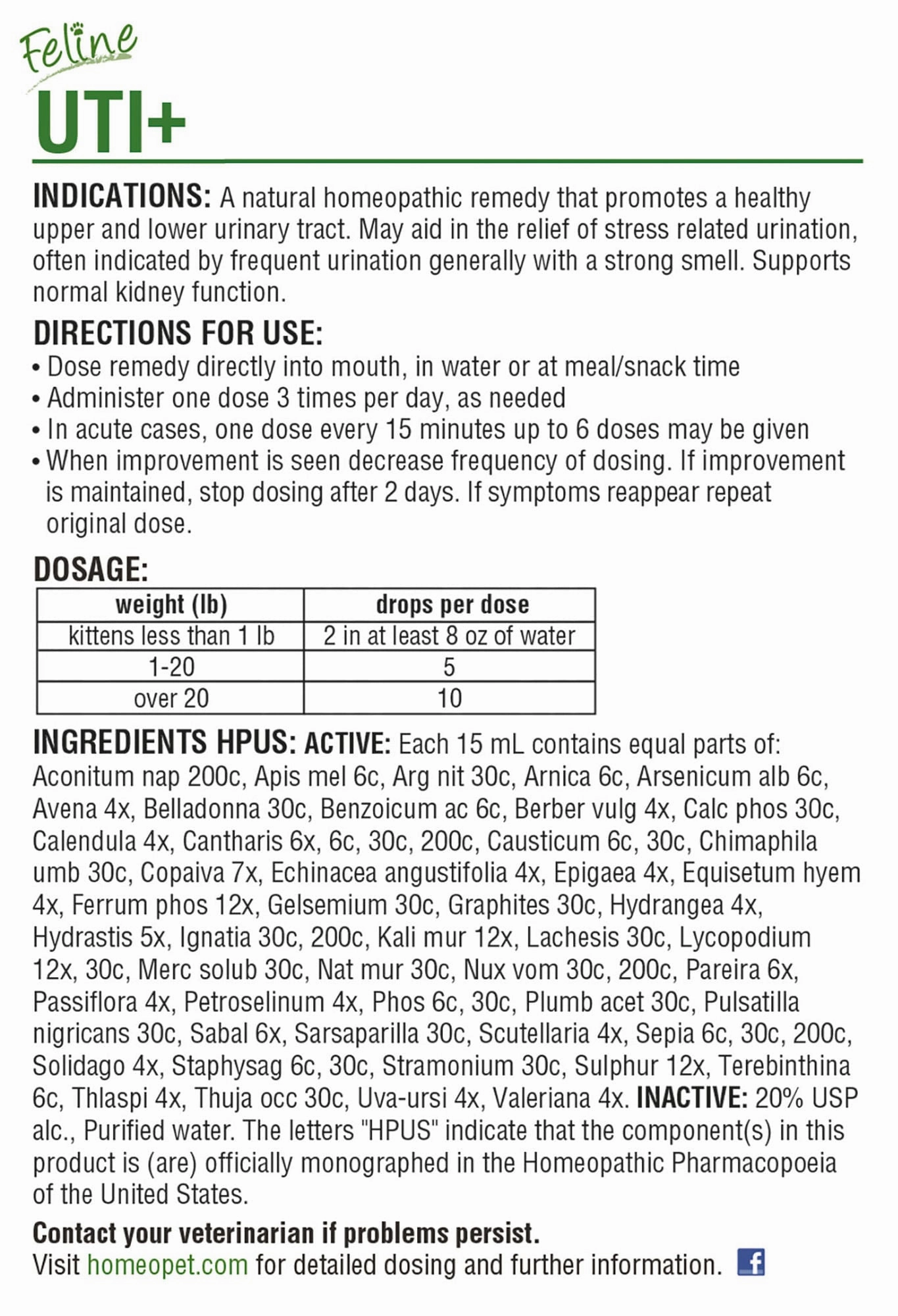 Homeopet Feline UTI  Urinary Supplement for Cats, 15 mL