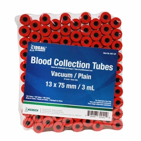 Ideal Blood Collection Vacuum Tubes, Red, 3 mL, 100 ct
