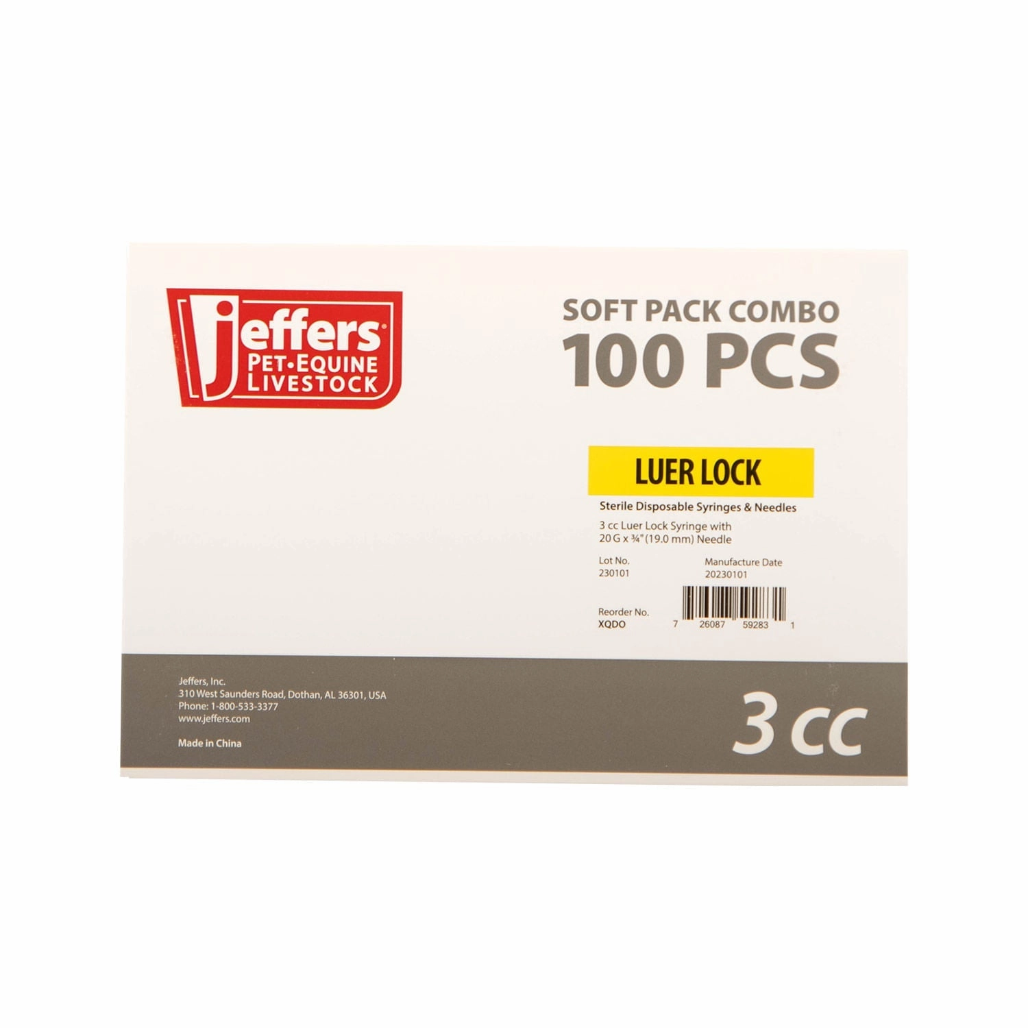 Jeffers Luer Lock Syringe/Needle Combo, Box of 100
