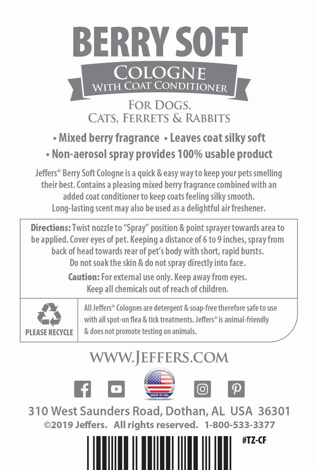 Jeffers Pet Colognes with Coat Conditioner, 16 oz Spray