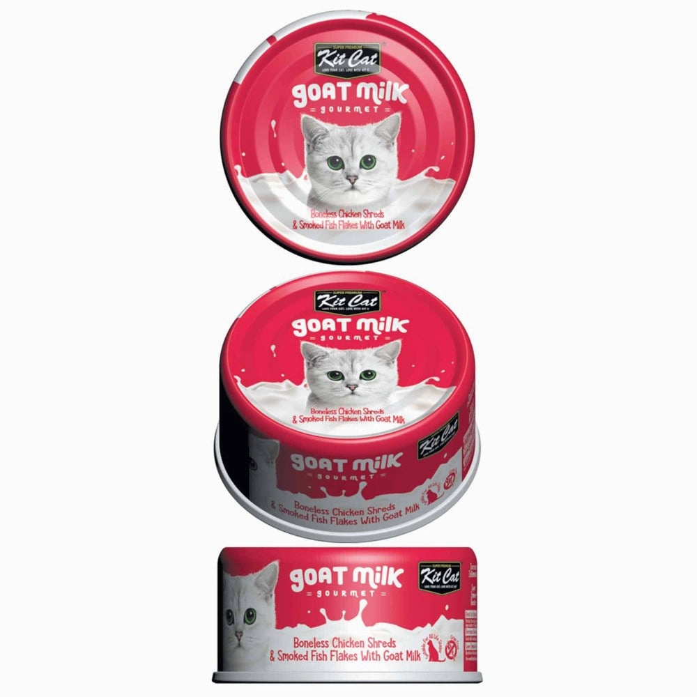Kit Cat Goat Milk Gourmet Boneless Chicken Shreds & Smoked Fish Flakes Grain-Free Canned Cat Food 70g