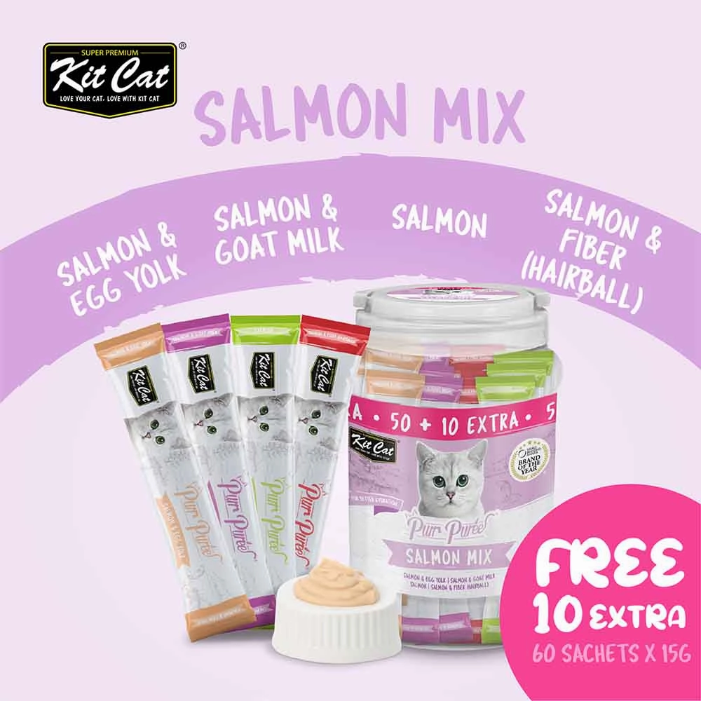Kit Cat Purr Puree Salmon Mix Assorted Grain-Free Liquid Cat Treats 60 Sticks