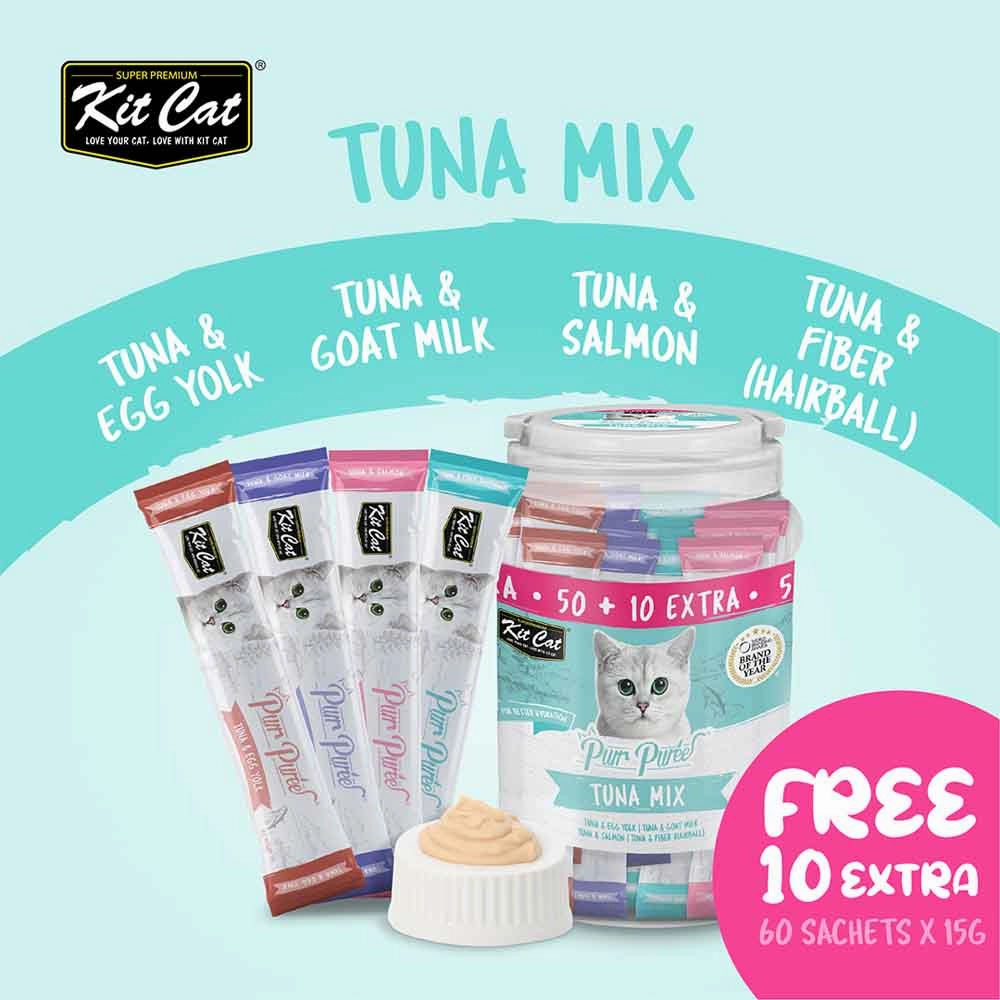 Kit Cat Purr Puree Tuna Mix Assorted Grain-Free Liquid Cat Treats 60 Sticks