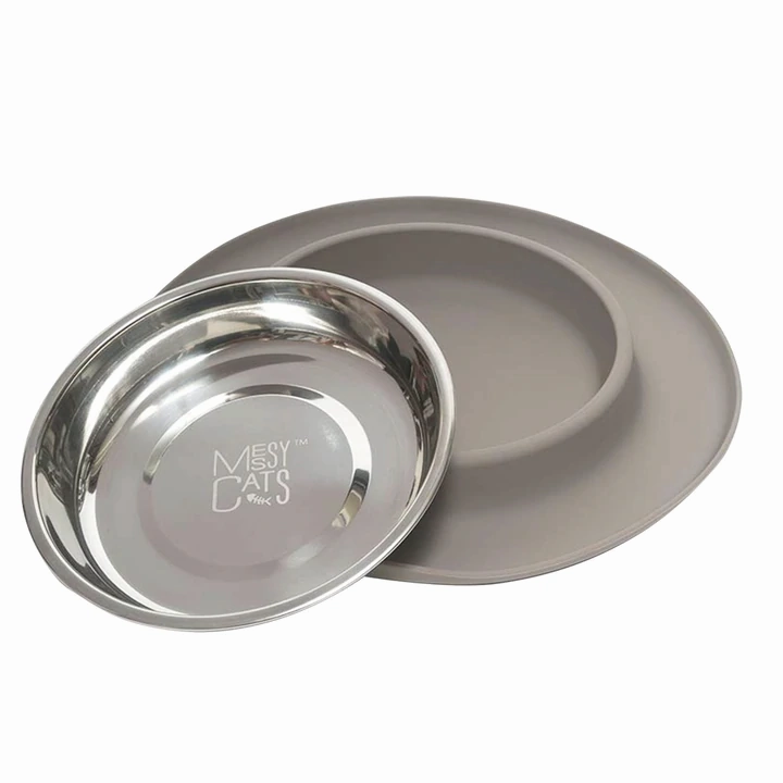 Messy Cats Single Silicone Feeder with Stainless Bowl - Medium 1.75 Cup Bowl - Grey