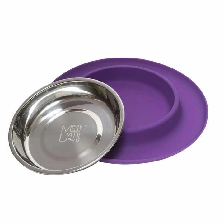 Messy Cats Single Silicone Feeder with Stainless Bowl - Medium 1.75 Cup Bowl - Purple