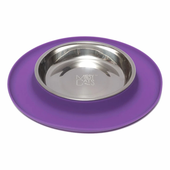 Messy Cats Single Silicone Feeder with Stainless Bowl - Medium 1.75 Cup Bowl - Purple