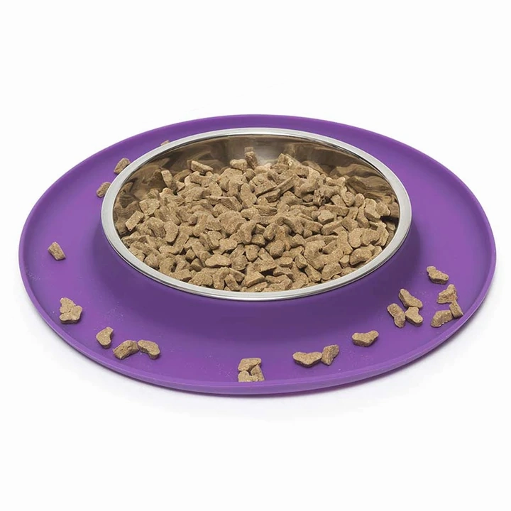Messy Cats Single Silicone Feeder with Stainless Bowl - Medium 1.75 Cup Bowl - Purple