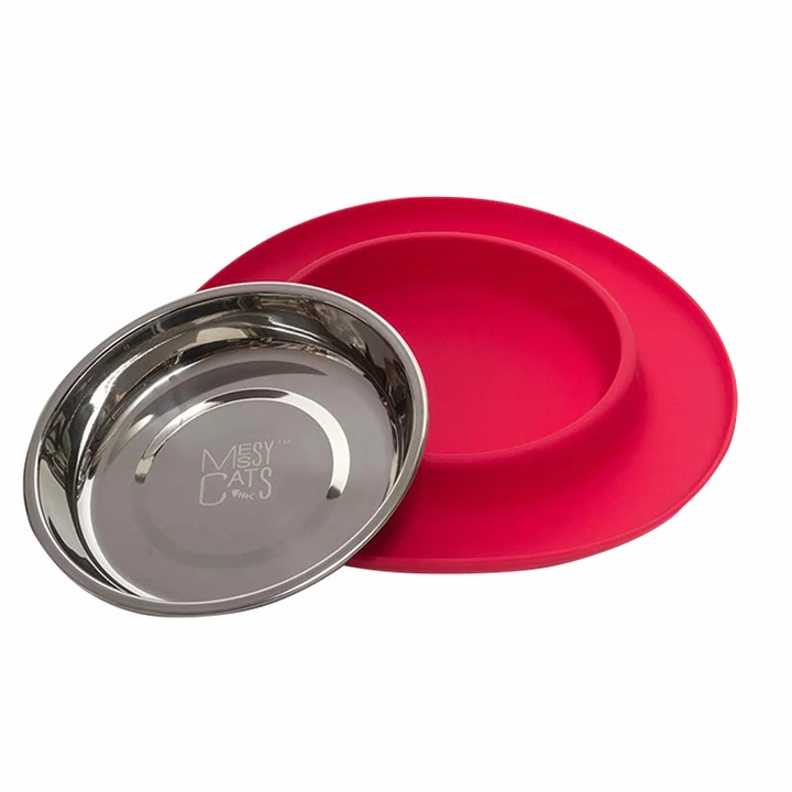 Messy Cats Single Silicone Feeder with Stainless Bowl - Medium 1.75 Cup Bowl - Red