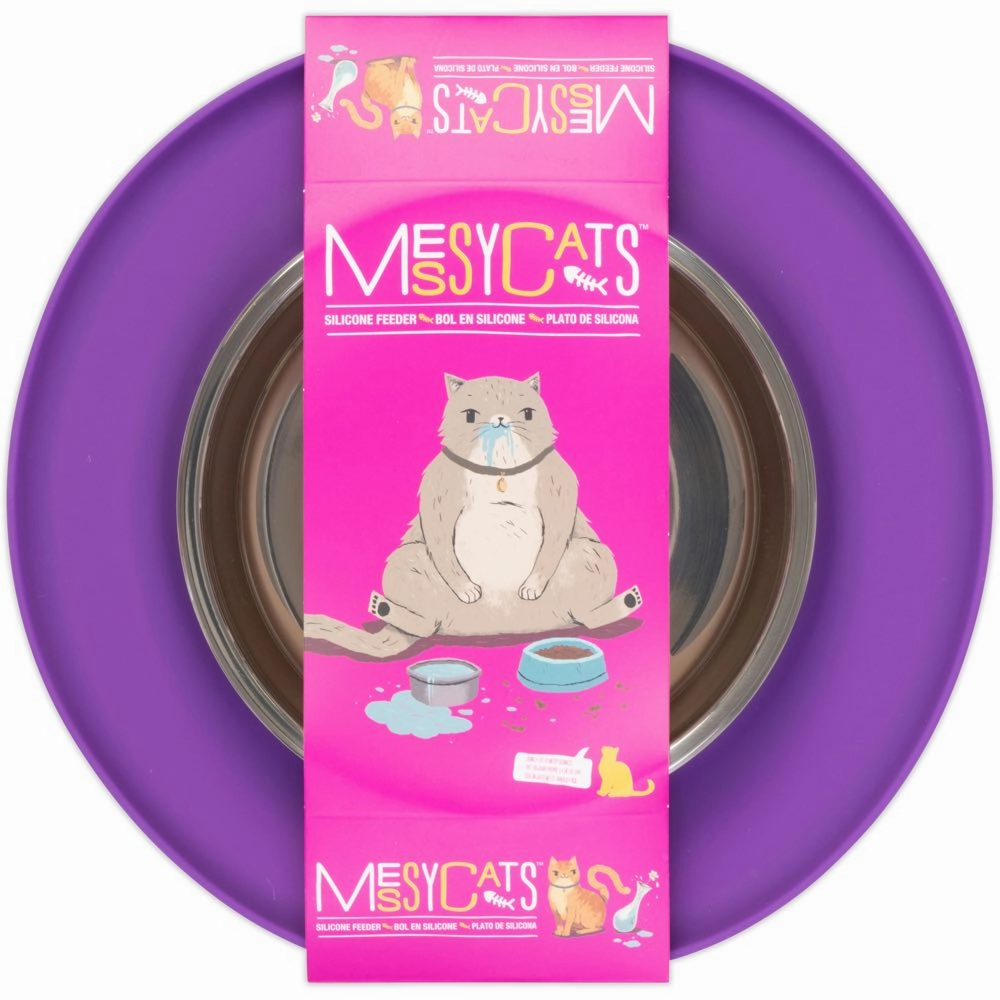 Messy Cats Single Silicone Feeder With Stainless Steel Cat Bowl (Purple)