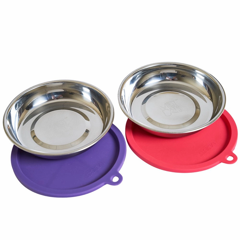 Messy Cats Stainless Steel Saucer Shaped Cat Bowls & Silicone Airtight Cat Bowl Lids Set 2pc