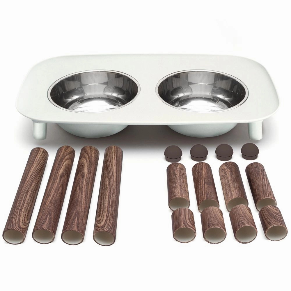 Messy Mutts Adjustable Elevated Double Feeder With Stainless Steel Dog Bowls (Light Grey, Faux Wood Legs)