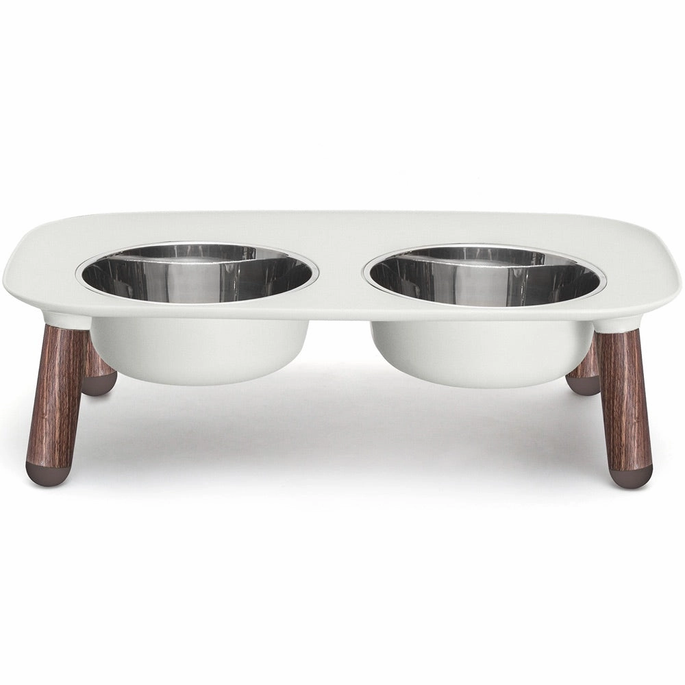 Messy Mutts Adjustable Elevated Double Feeder With Stainless Steel Dog Bowls (Light Grey, Faux Wood Legs)