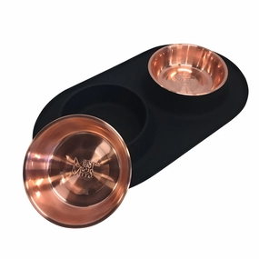 Messy Mutts Double Silicone Feeder with Copper Bowl - Large 3 Cup Bowl - Black