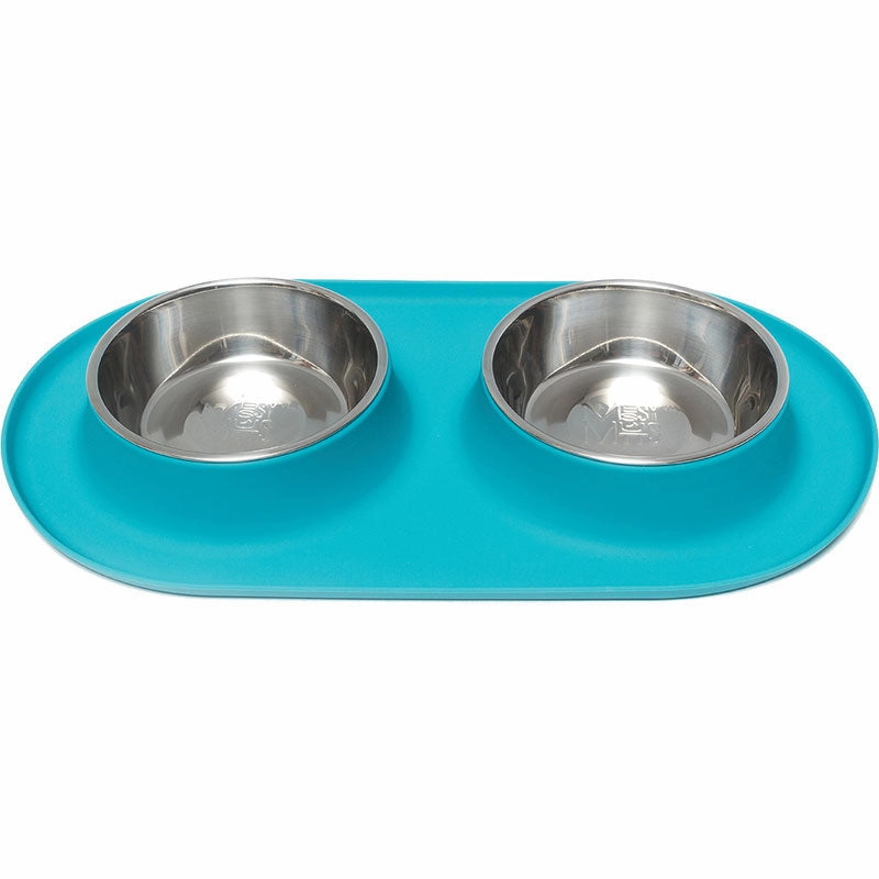 Messy Mutts Double Silicone Feeder with Stainless Bowl - Medium 1.5 Cup Bowl - Blue
