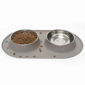Messy Mutts Double Silicone Feeder with Stainless Bowl - X-Large 6 Cup Bowl - Grey