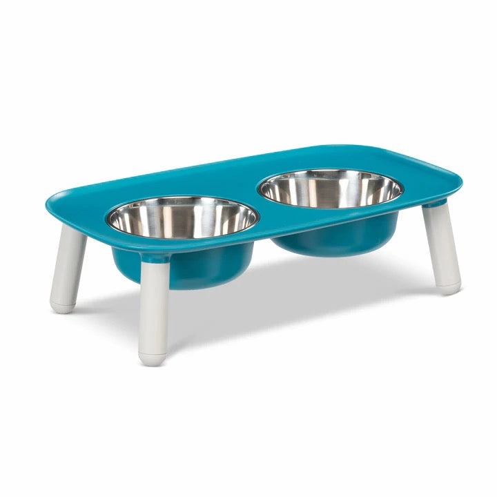 Messy Mutts Elevated Double Feeder with Stainless Bowls - Adjustable Height 3" to 10", 5 Cups Per Bowl - Blue