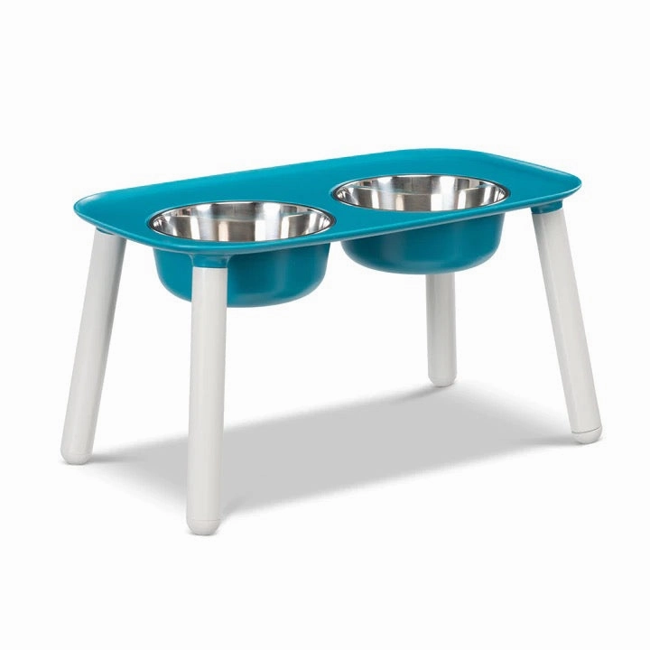 Messy Mutts Elevated Double Feeder with Stainless Bowls - Adjustable Height 3" to 10", 5 Cups Per Bowl - Blue