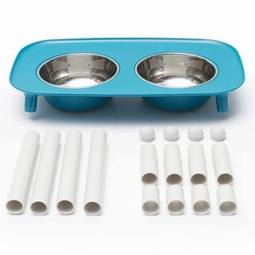 Messy Mutts Elevated Double Feeder with Stainless Bowls - Adjustable Height 3" to 10", 5 Cups Per Bowl - Blue