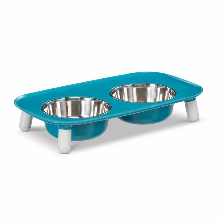 Messy Mutts Elevated Double Feeder with Stainless Bowls - Adjustable Height 3" to 10", 5 Cups Per Bowl - Blue