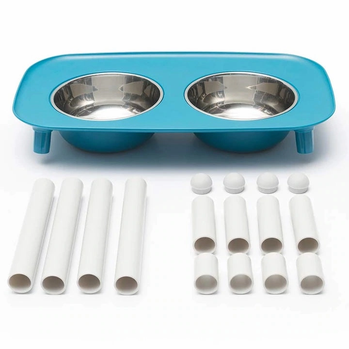 Messy Mutts Elevated Double Feeder with Stainless Bowls - Adjustable Height 3" to 10", 5 Cups Per Bowl - Blue