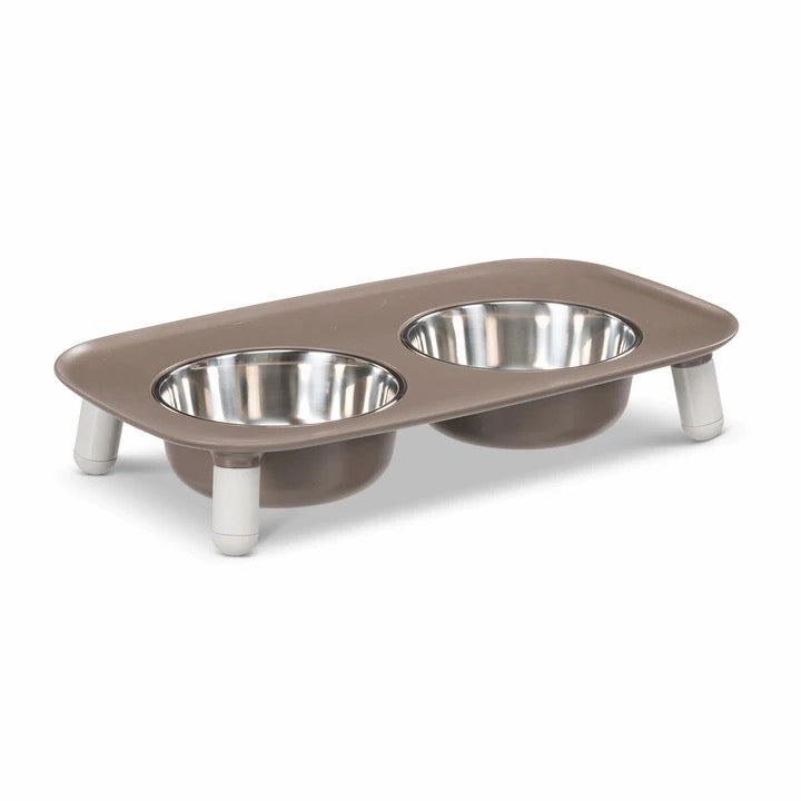 Messy Mutts Elevated Double Feeder with Stainless Bowls - Adjustable Height 3" to 10", 5 Cups Per Bowl - Grey