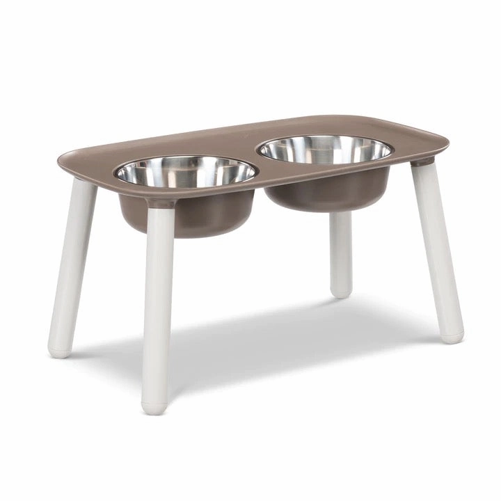 Messy Mutts Elevated Double Feeder with Stainless Bowls - Adjustable Height 3" to 10", 5 Cups Per Bowl - Grey