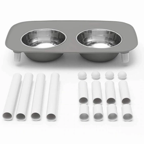 Messy Mutts Elevated Double Feeder with Stainless Bowls - Adjustable Height 3" to 10", 5 Cups Per Bowl - Grey