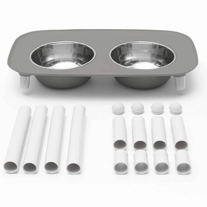Messy Mutts Elevated Double Feeder with Stainless Bowls - Adjustable Height 3" to 10", 5 Cups Per Bowl - Grey