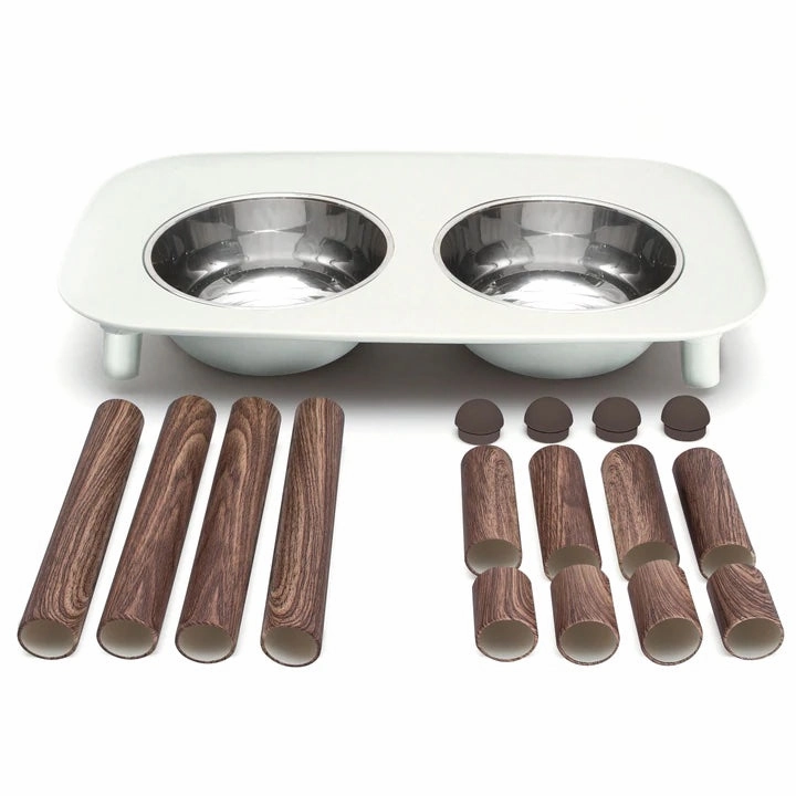 Messy Mutts Elevated Double Feeder with Stainless Bowls - Adjustable Height 3" to 10", 5 Cups Per Bowl - Light Grey w/ Faux Wood Legs
