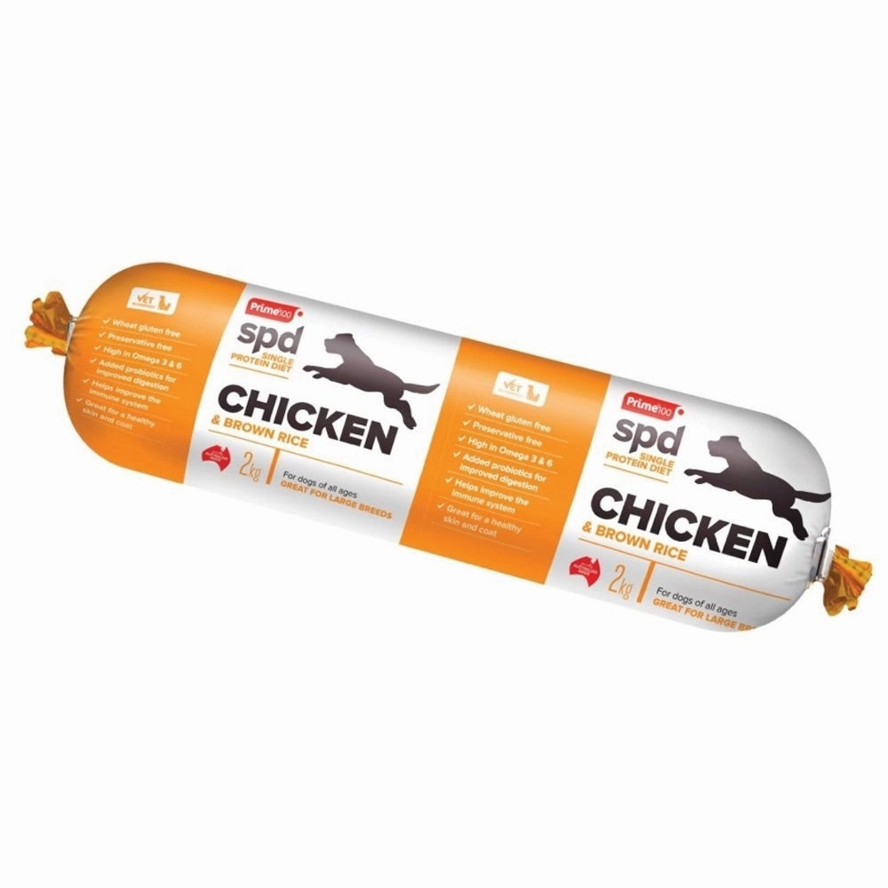Prime100 SPD Chicken & Brown Rice Cooked Chilled Roll Dog Food 2kg (exp Jun25)