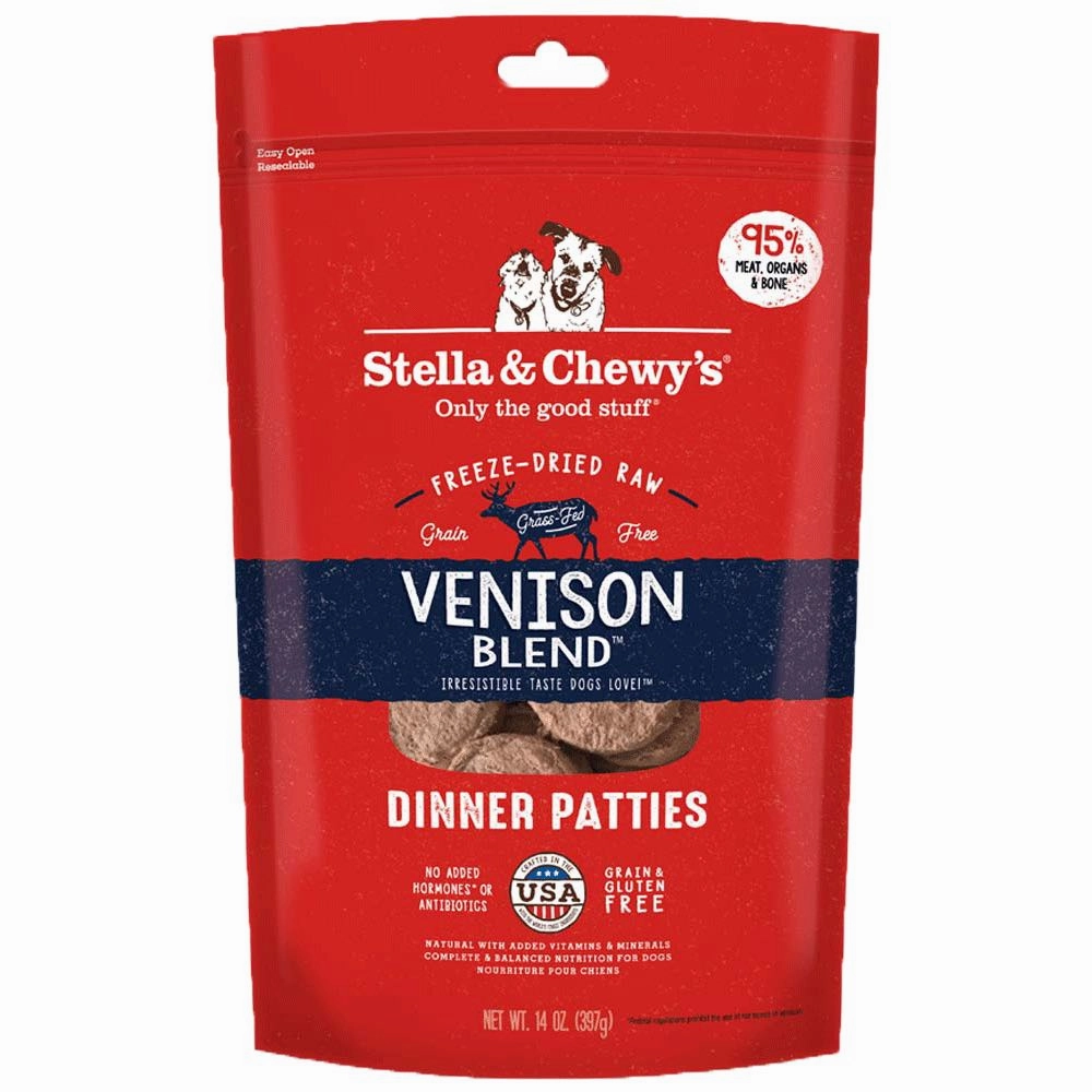 Stella & Chewys Venison Blend Dinner Patties Grain-Free Freeze-Dried Raw Dog Food 14oz