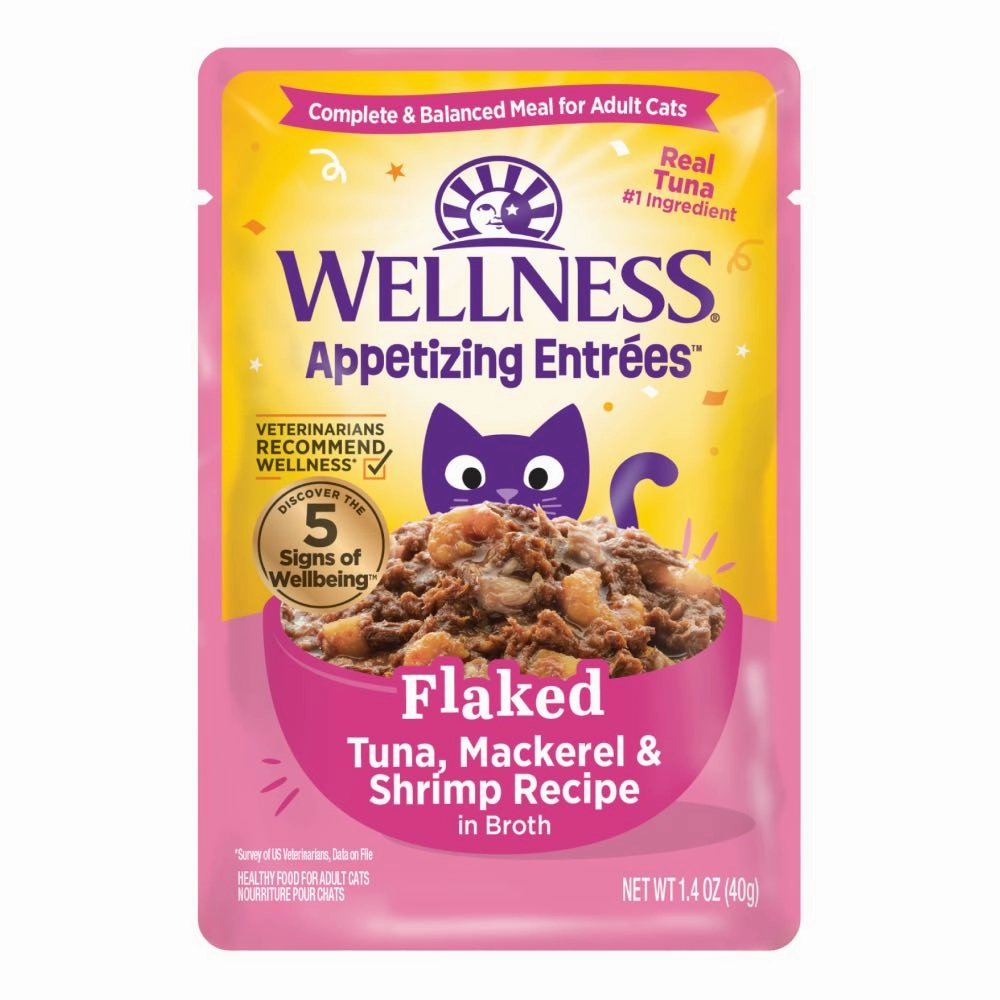 Wellness Appetizing Entrees Flaked Tuna, Mackerel & Shrimp Adult Pouch Cat Food 1.4oz