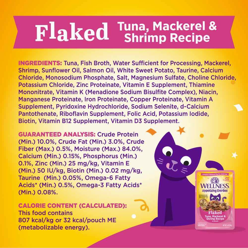 Wellness Appetizing Entrees Flaked Tuna, Mackerel & Shrimp Adult Pouch Cat Food 1.4oz