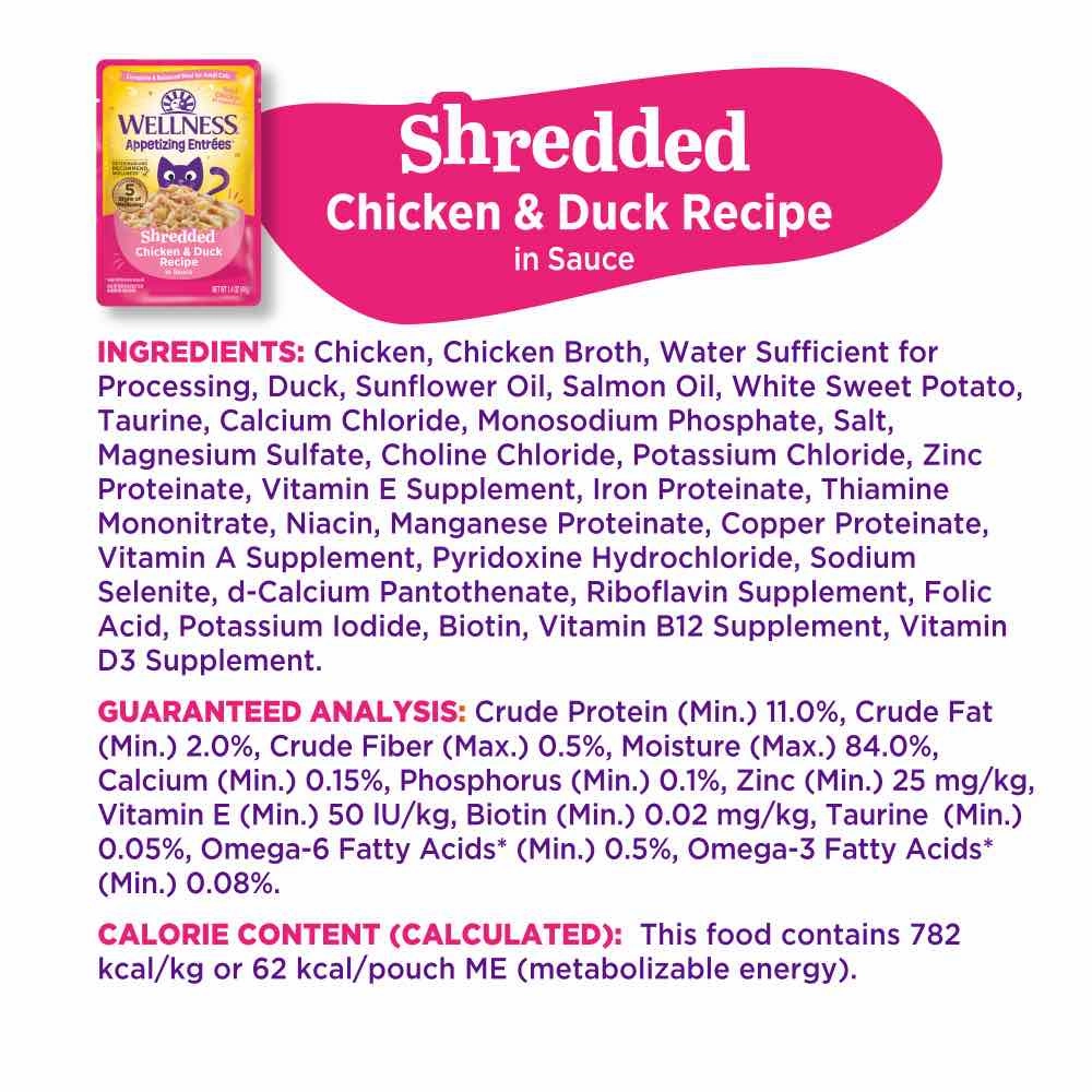 Wellness Appetizing Entrees Shredded Chicken & Duck Adult Pouch Cat Food 1.4oz