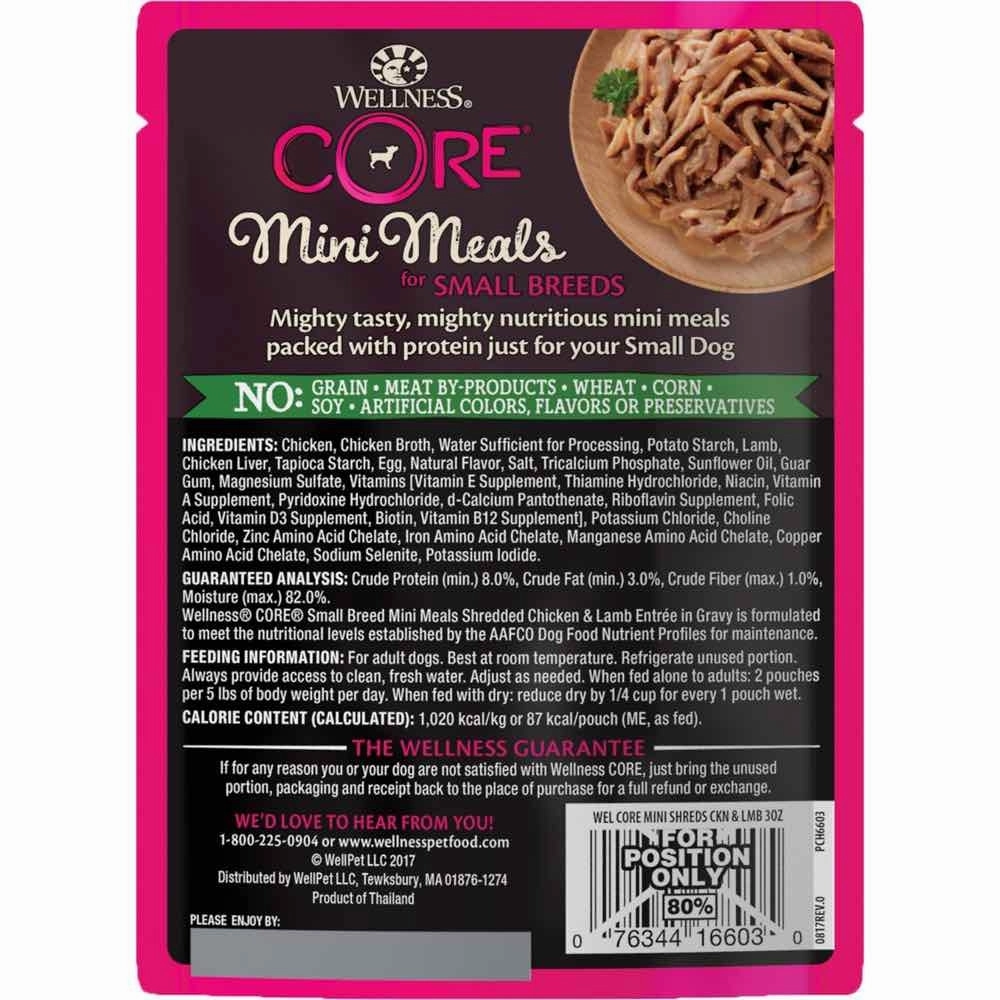 Wellness CORE Mini Meals Shredded Chicken & Lamb Entree In Gravy Grain-Free Pouch Dog Food 3oz
